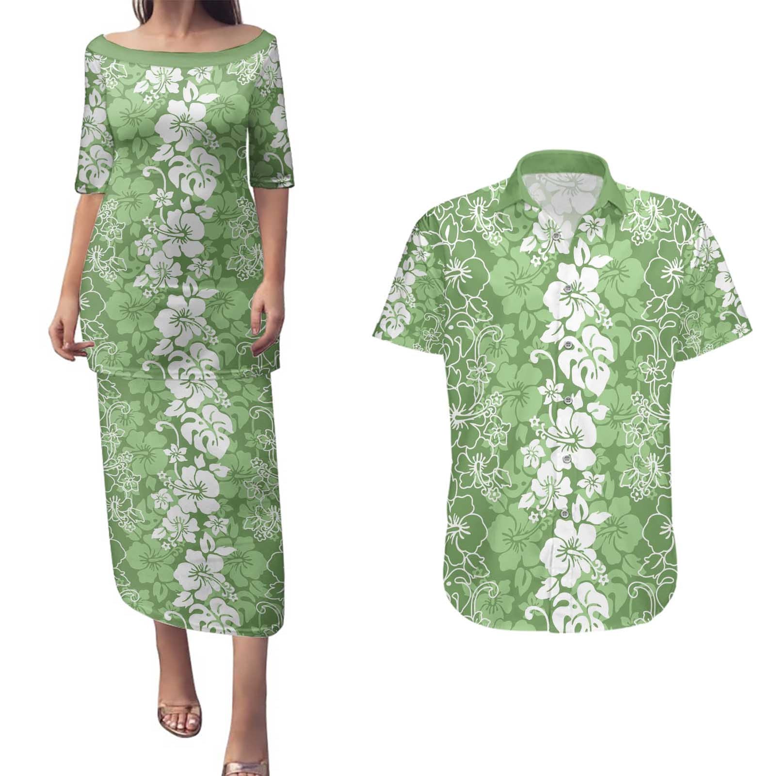 Hawaiian Lei Day Couples Matching Puletasi and Hawaiian Shirt Green Hibiscus Flowers Lei Art