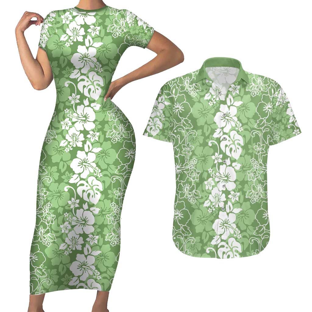 Hawaiian Lei Day Couples Matching Short Sleeve Bodycon Dress and Hawaiian Shirt Green Hibiscus Flowers Lei Art LT9 Green - Polynesian Pride