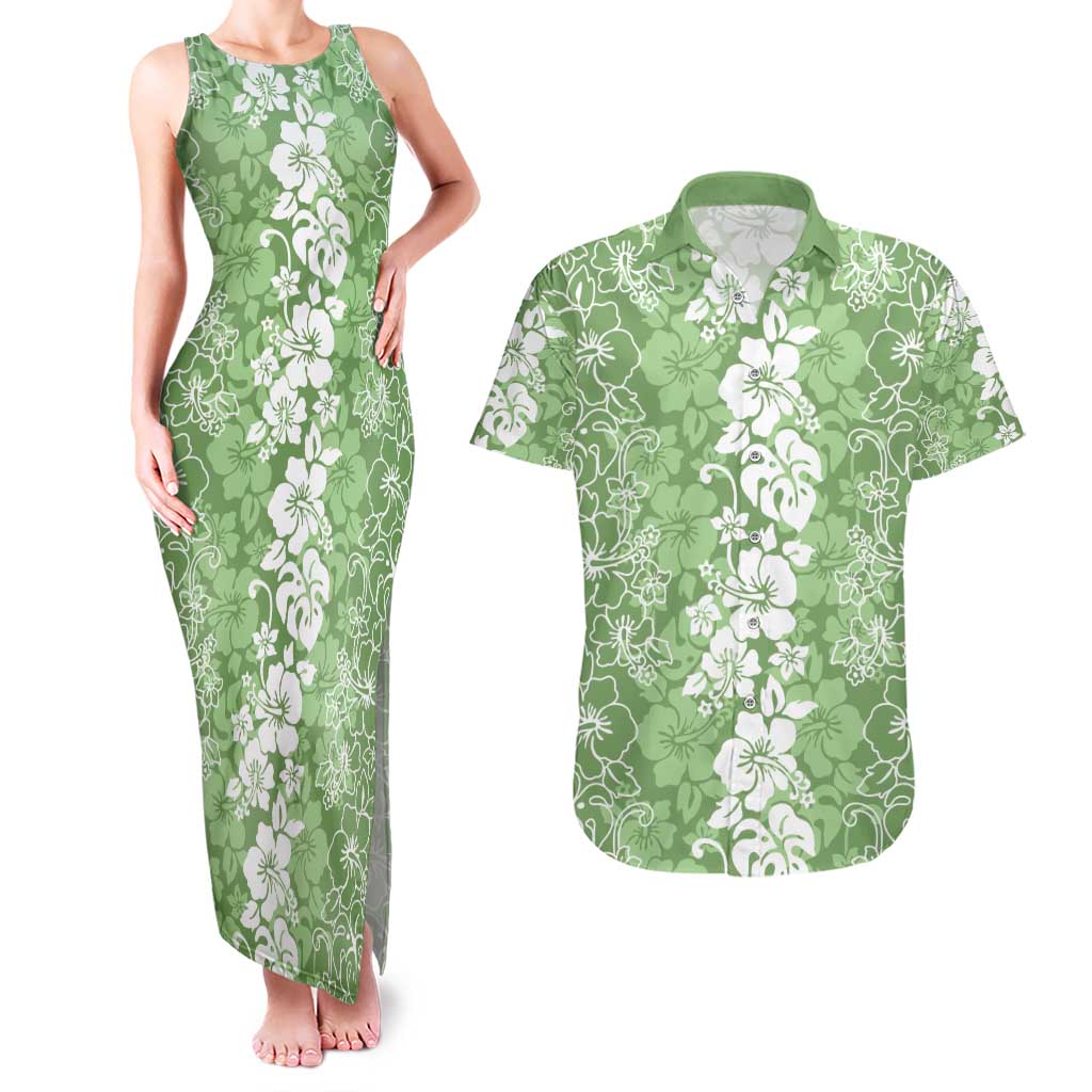 Hawaiian Lei Day Couples Matching Tank Maxi Dress and Hawaiian Shirt Green Hibiscus Flowers Lei Art LT9 Green - Polynesian Pride