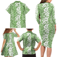 Hawaiian Lei Day Family Matching Long Sleeve Bodycon Dress and Hawaiian Shirt Green Hibiscus Flowers Lei Art LT9 - Polynesian Pride