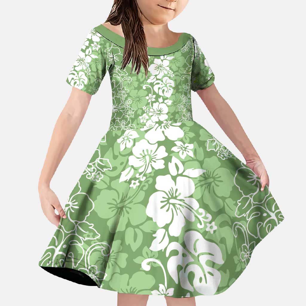 Hawaiian Lei Day Family Matching Mermaid Dress and Hawaiian Shirt Green Hibiscus Flowers Lei Art LT9 Daughter's Dress Green - Polynesian Pride