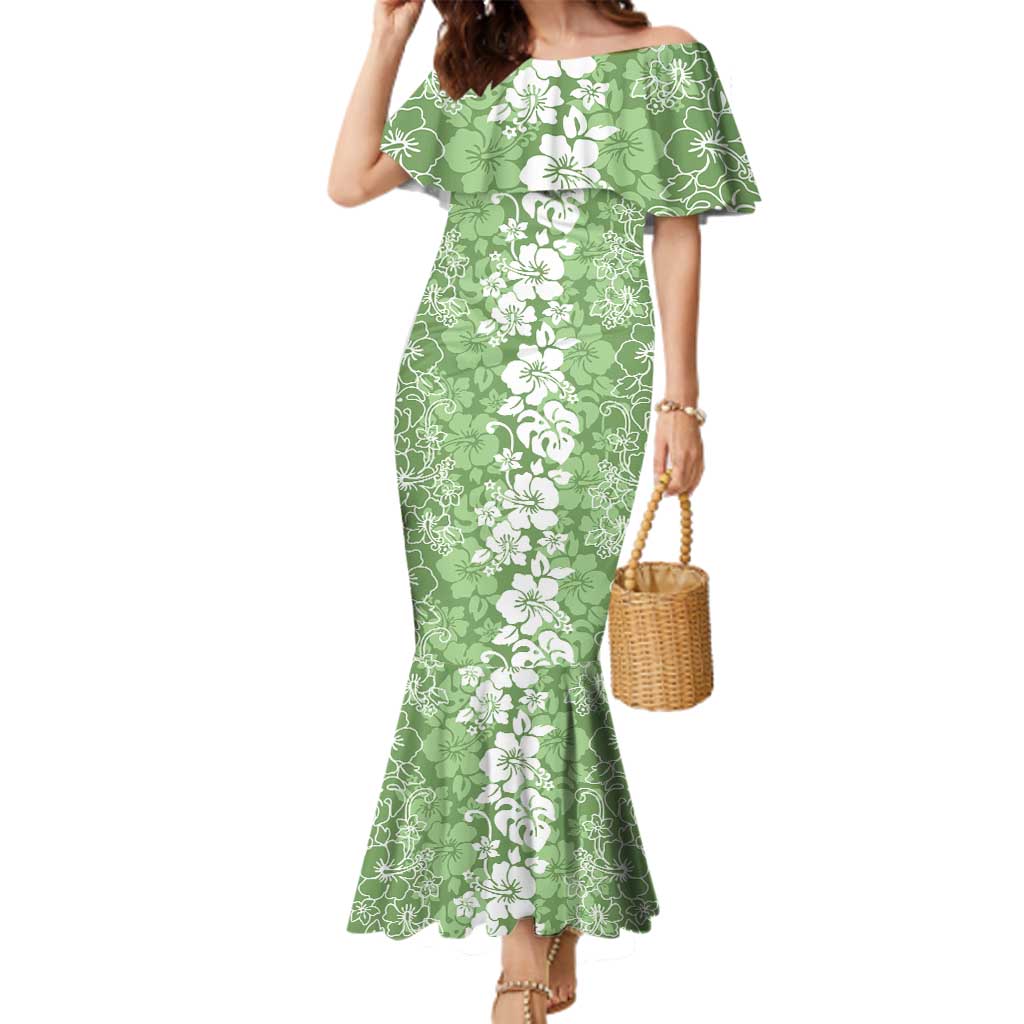 Hawaiian Lei Day Family Matching Mermaid Dress and Hawaiian Shirt Green Hibiscus Flowers Lei Art LT9 Mom's Dress Green - Polynesian Pride
