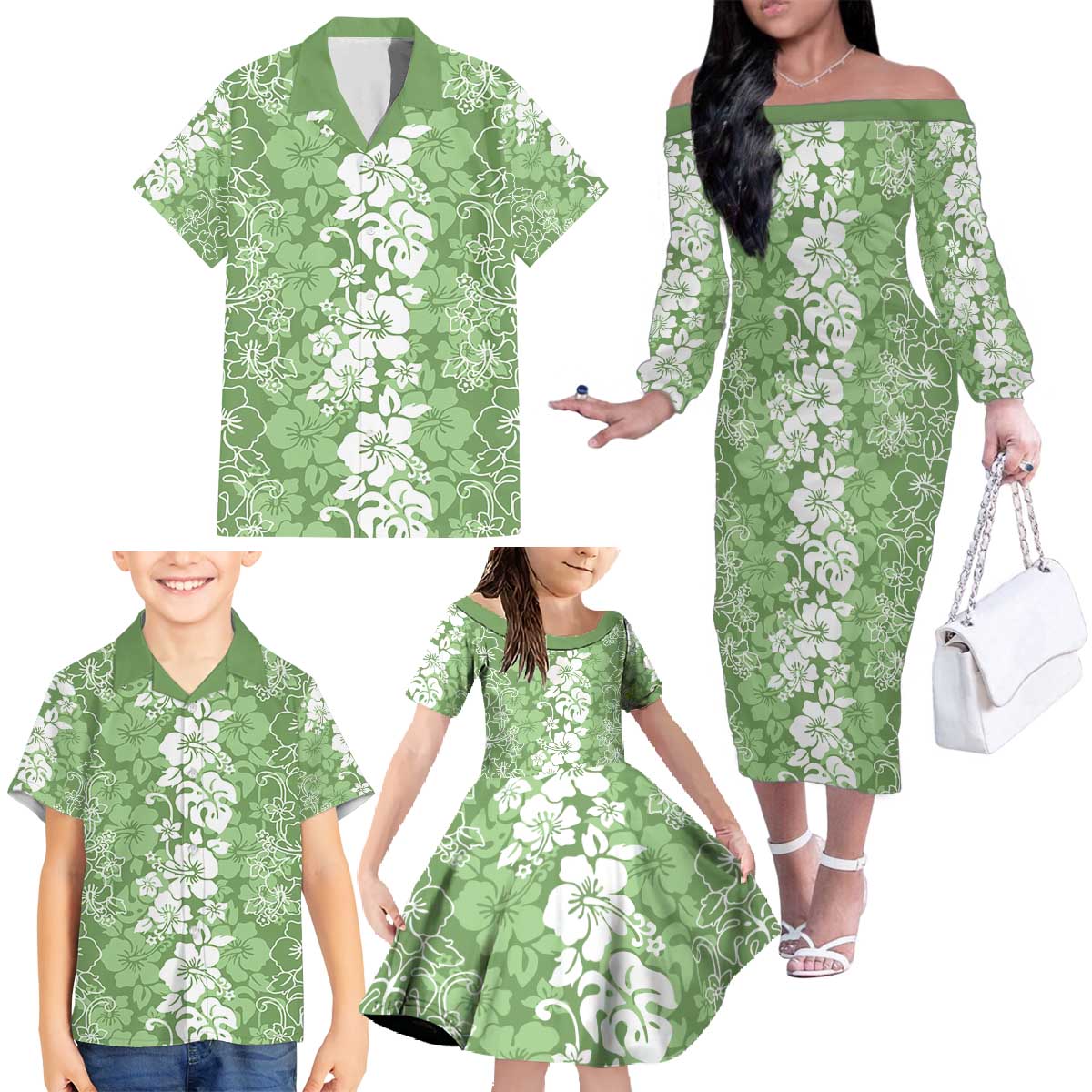 Hawaiian Lei Day Family Matching Off The Shoulder Long Sleeve Dress and Hawaiian Shirt Green Hibiscus Flowers Lei Art LT9 - Polynesian Pride