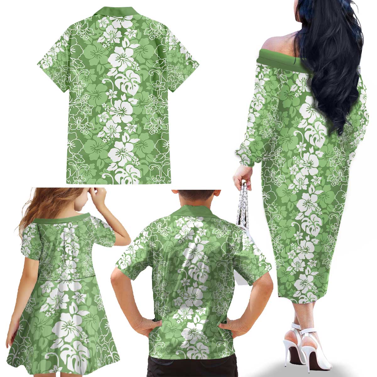 Hawaiian Lei Day Family Matching Off The Shoulder Long Sleeve Dress and Hawaiian Shirt Green Hibiscus Flowers Lei Art LT9 - Polynesian Pride