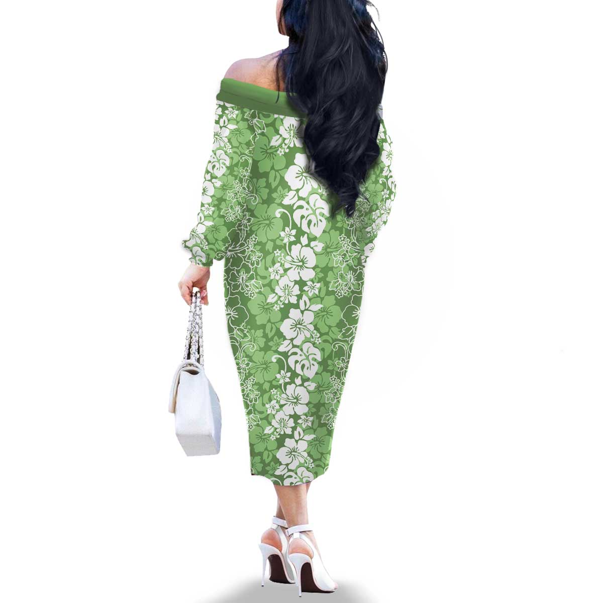 Hawaiian Lei Day Family Matching Off The Shoulder Long Sleeve Dress and Hawaiian Shirt Green Hibiscus Flowers Lei Art LT9 - Polynesian Pride