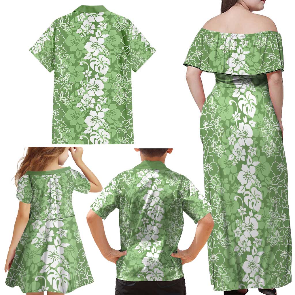Hawaiian Lei Day Family Matching Off Shoulder Maxi Dress and Hawaiian Shirt Green Hibiscus Flowers Lei Art LT9 - Polynesian Pride