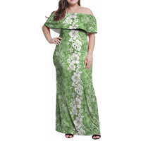 Hawaiian Lei Day Family Matching Off Shoulder Maxi Dress and Hawaiian Shirt Green Hibiscus Flowers Lei Art LT9 Mom's Dress Green - Polynesian Pride