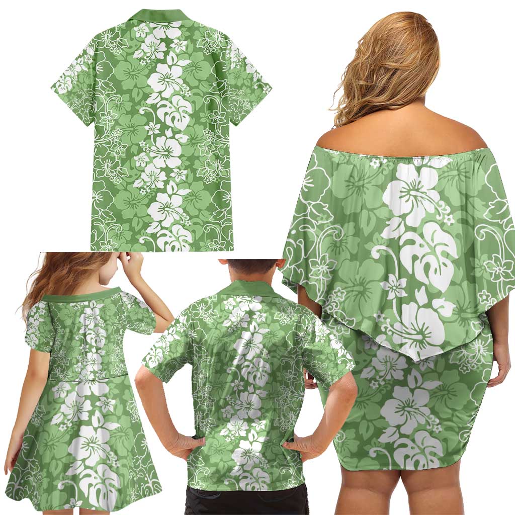 Hawaiian Lei Day Family Matching Off Shoulder Short Dress and Hawaiian Shirt Green Hibiscus Flowers Lei Art LT9 - Polynesian Pride