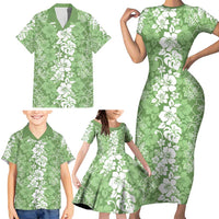 Hawaiian Lei Day Family Matching Short Sleeve Bodycon Dress and Hawaiian Shirt Green Hibiscus Flowers Lei Art LT9 - Polynesian Pride