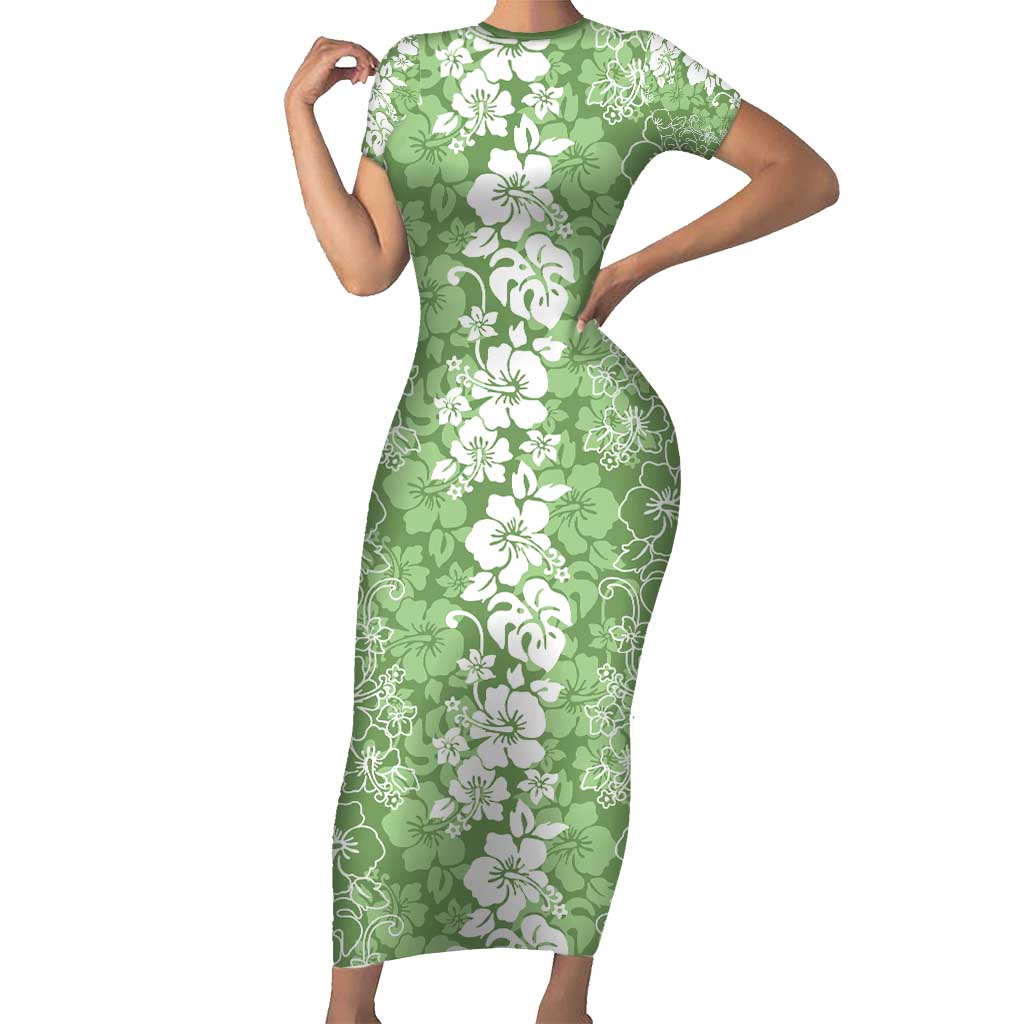 Hawaiian Lei Day Family Matching Short Sleeve Bodycon Dress and Hawaiian Shirt Green Hibiscus Flowers Lei Art LT9 Mom's Dress Green - Polynesian Pride