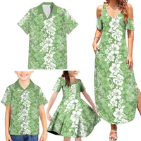 Hawaiian Lei Day Family Matching Summer Maxi Dress and Hawaiian Shirt Green Hibiscus Flowers Lei Art LT9 - Polynesian Pride