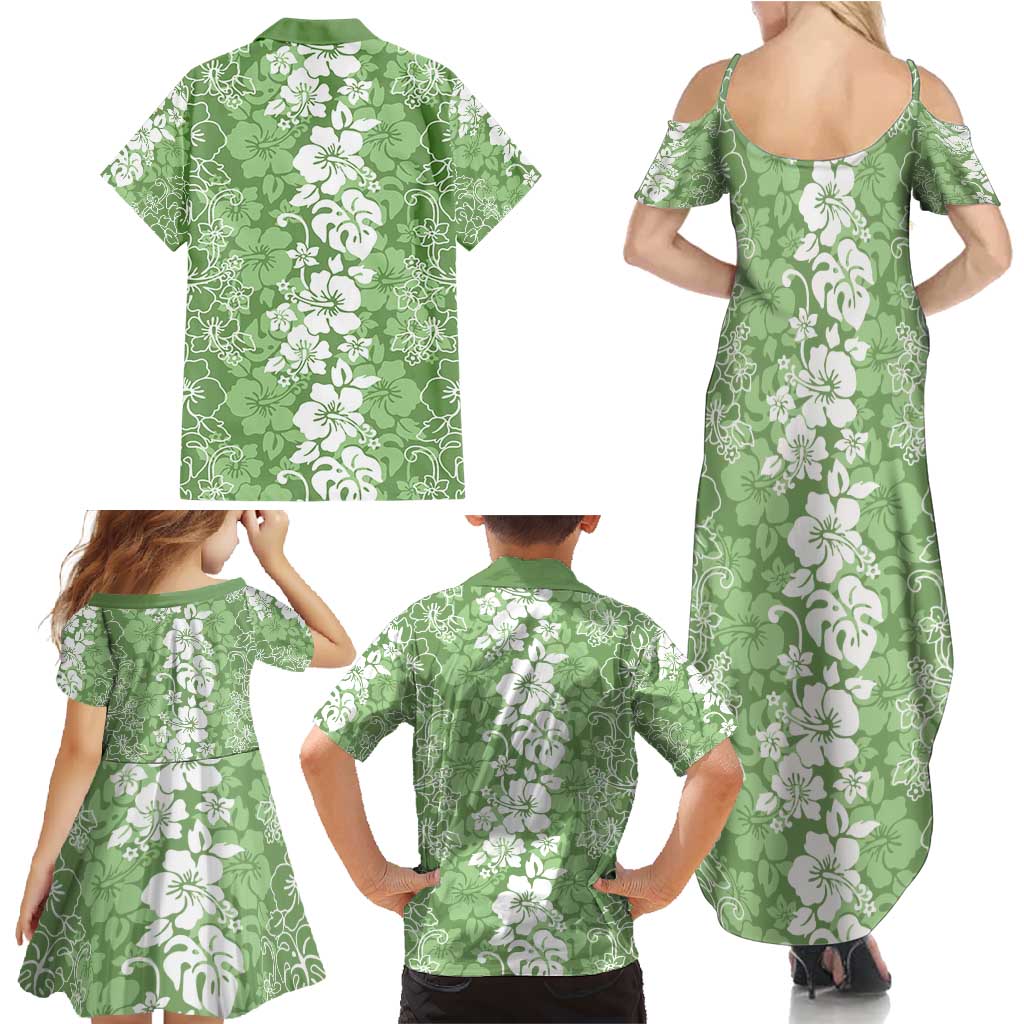 Hawaiian Lei Day Family Matching Summer Maxi Dress and Hawaiian Shirt Green Hibiscus Flowers Lei Art LT9 - Polynesian Pride