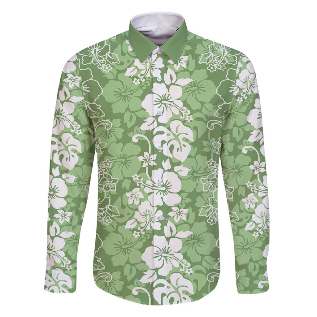 Hawaiian Lei Day Family Matching Summer Maxi Dress and Hawaiian Shirt Green Hibiscus Flowers Lei Art LT9 Dad's Shirt - Long Sleeve Green - Polynesian Pride