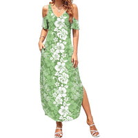 Hawaiian Lei Day Family Matching Summer Maxi Dress and Hawaiian Shirt Green Hibiscus Flowers Lei Art LT9 Mom's Dress Green - Polynesian Pride