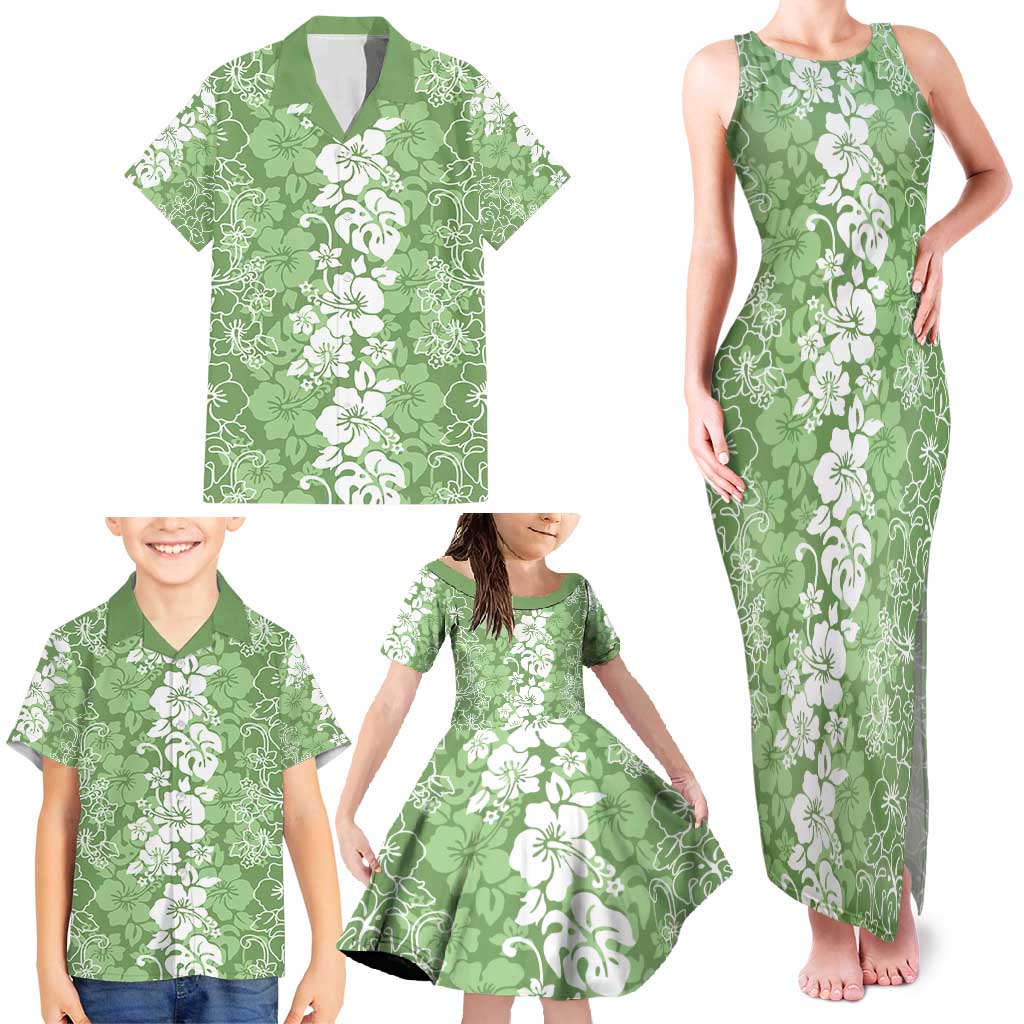 Hawaiian Lei Day Family Matching Tank Maxi Dress and Hawaiian Shirt Green Hibiscus Flowers Lei Art LT9 - Polynesian Pride