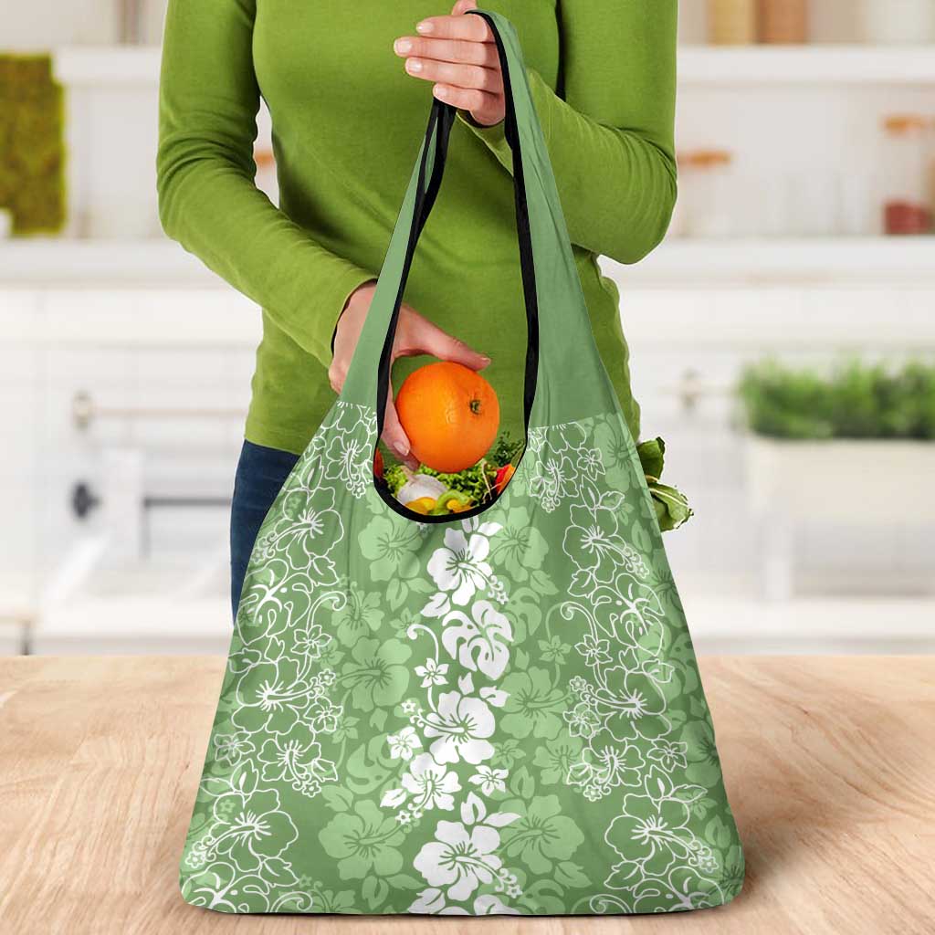 Hawaiian Lei Day Grocery Bag Green Hibiscus Flowers Lei Art