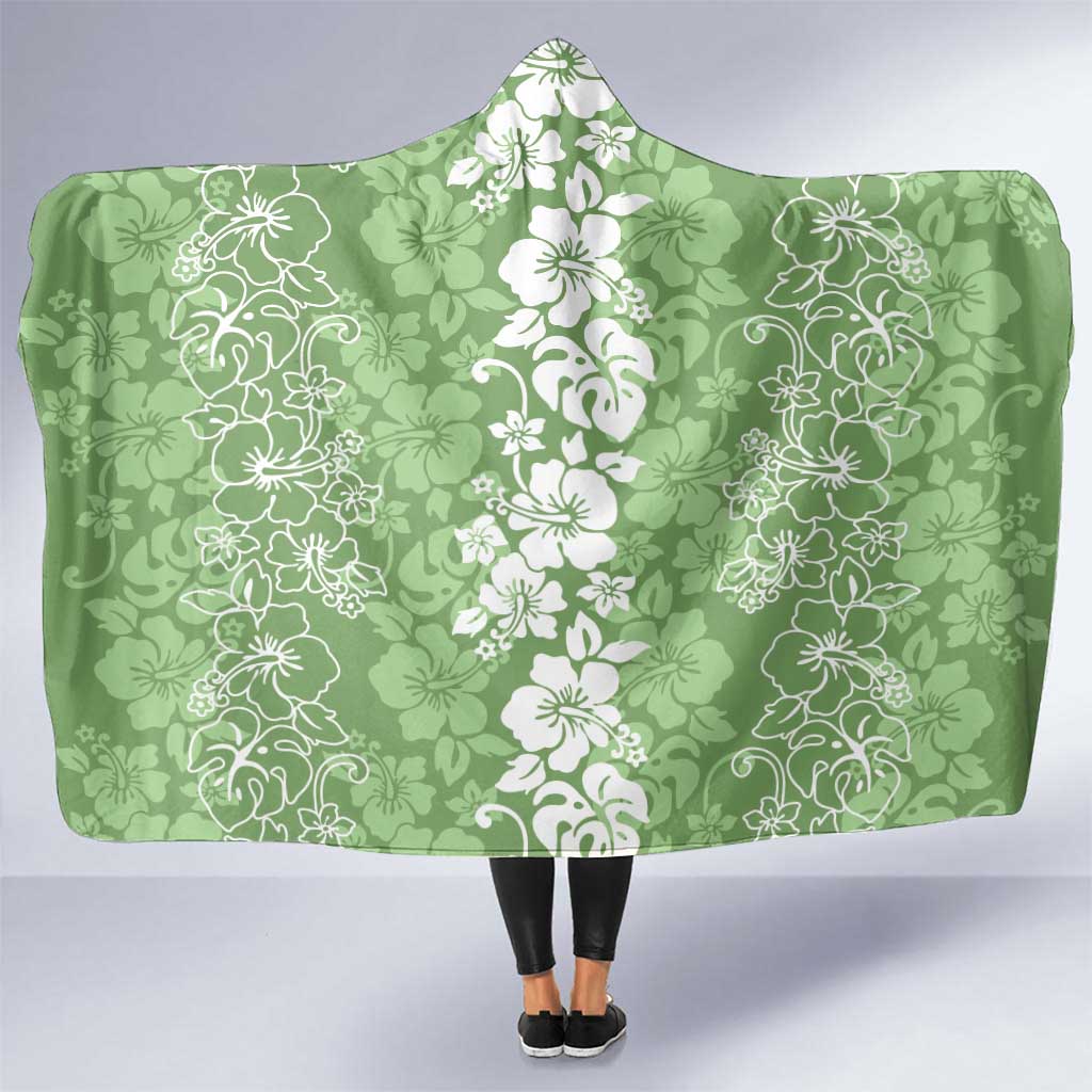 Hawaiian Lei Day Hooded Blanket Green Hibiscus Flowers Lei Art LT9 One Size Green - Polynesian Pride
