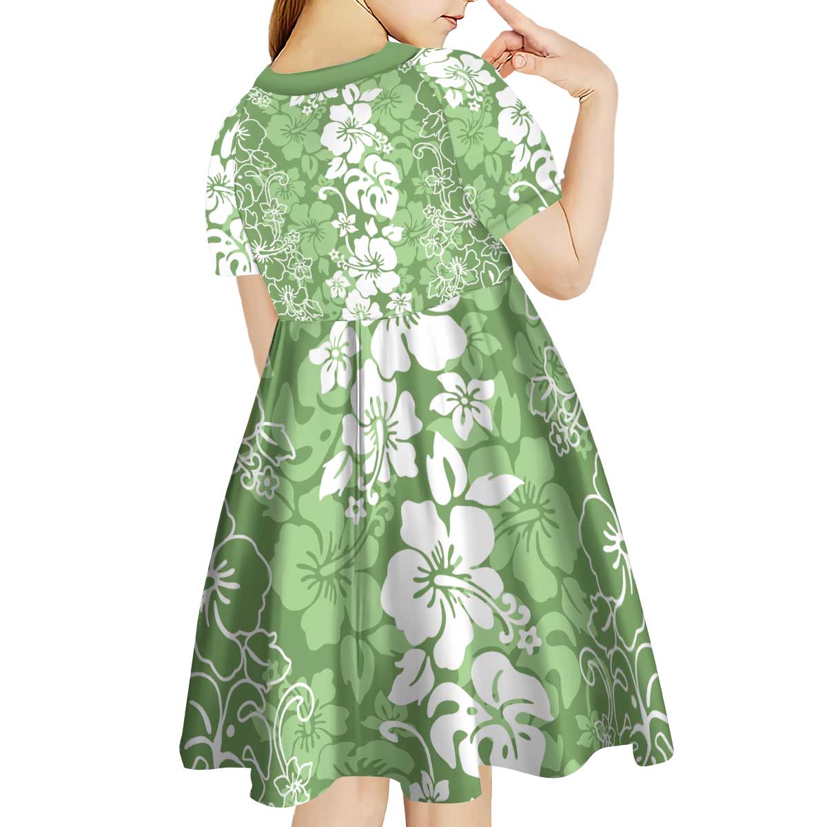 Hawaiian Lei Day Kid Short Sleeve Dress Green Hibiscus Flowers Lei Art