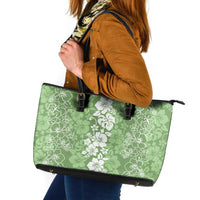 Hawaiian Lei Day Leather Tote Bag Green Hibiscus Flowers Lei Art LT9 Green - Polynesian Pride