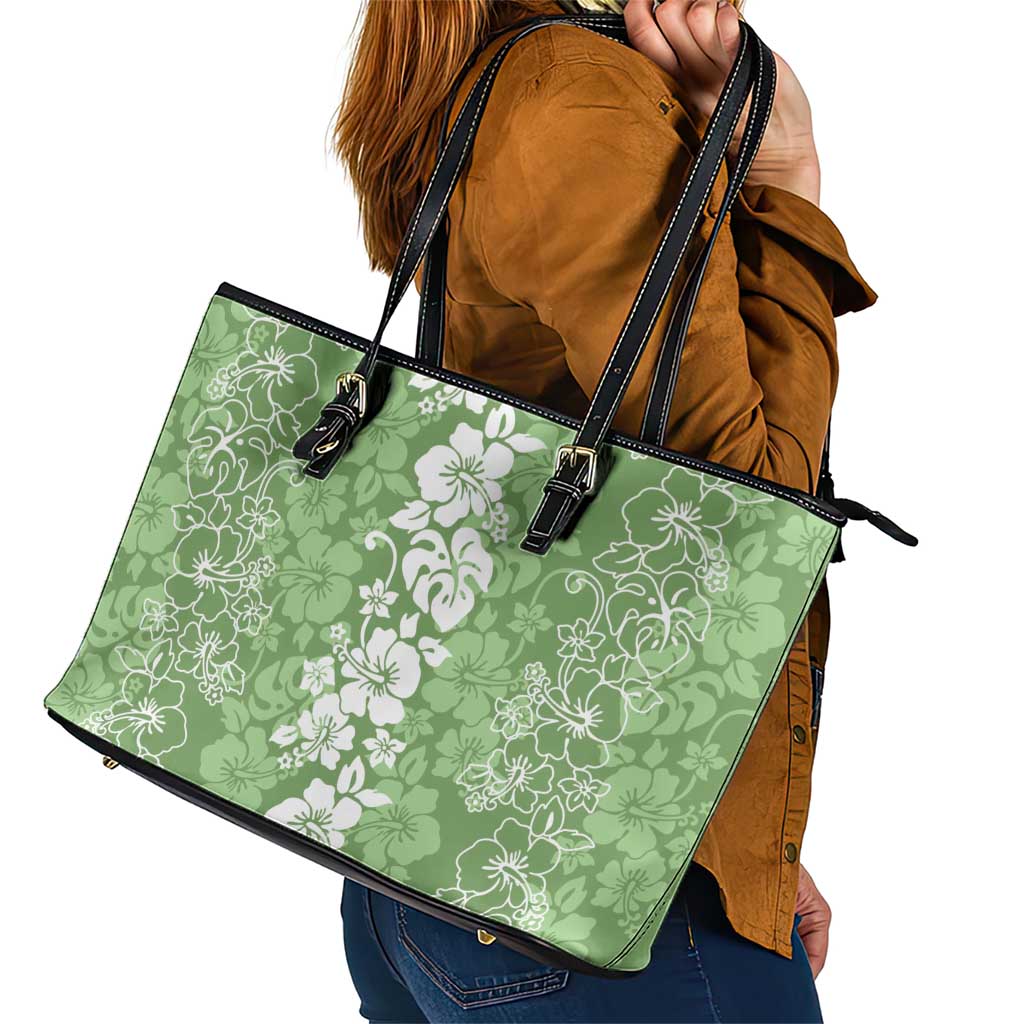 Hawaiian Lei Day Leather Tote Bag Green Hibiscus Flowers Lei Art LT9 - Polynesian Pride