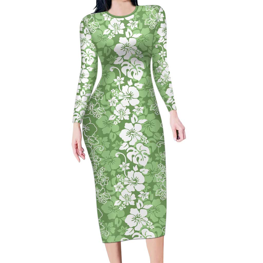 Hawaiian Lei Day Long Sleeve Bodycon Dress Green Hibiscus Flowers Lei Art