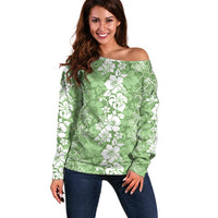 Hawaiian Lei Day Off Shoulder Sweater Green Hibiscus Flowers Lei Art LT9 Women Green - Polynesian Pride