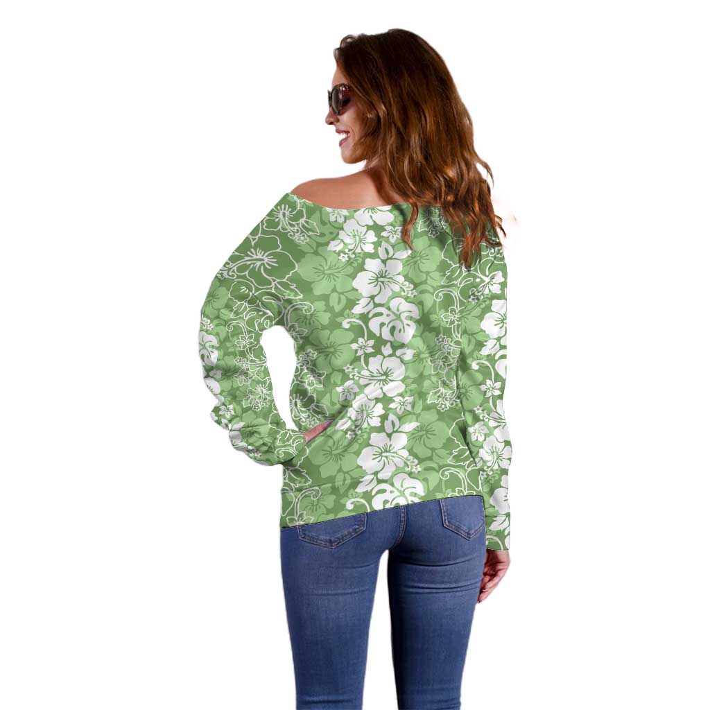 Hawaiian Lei Day Off Shoulder Sweater Green Hibiscus Flowers Lei Art LT9 - Polynesian Pride