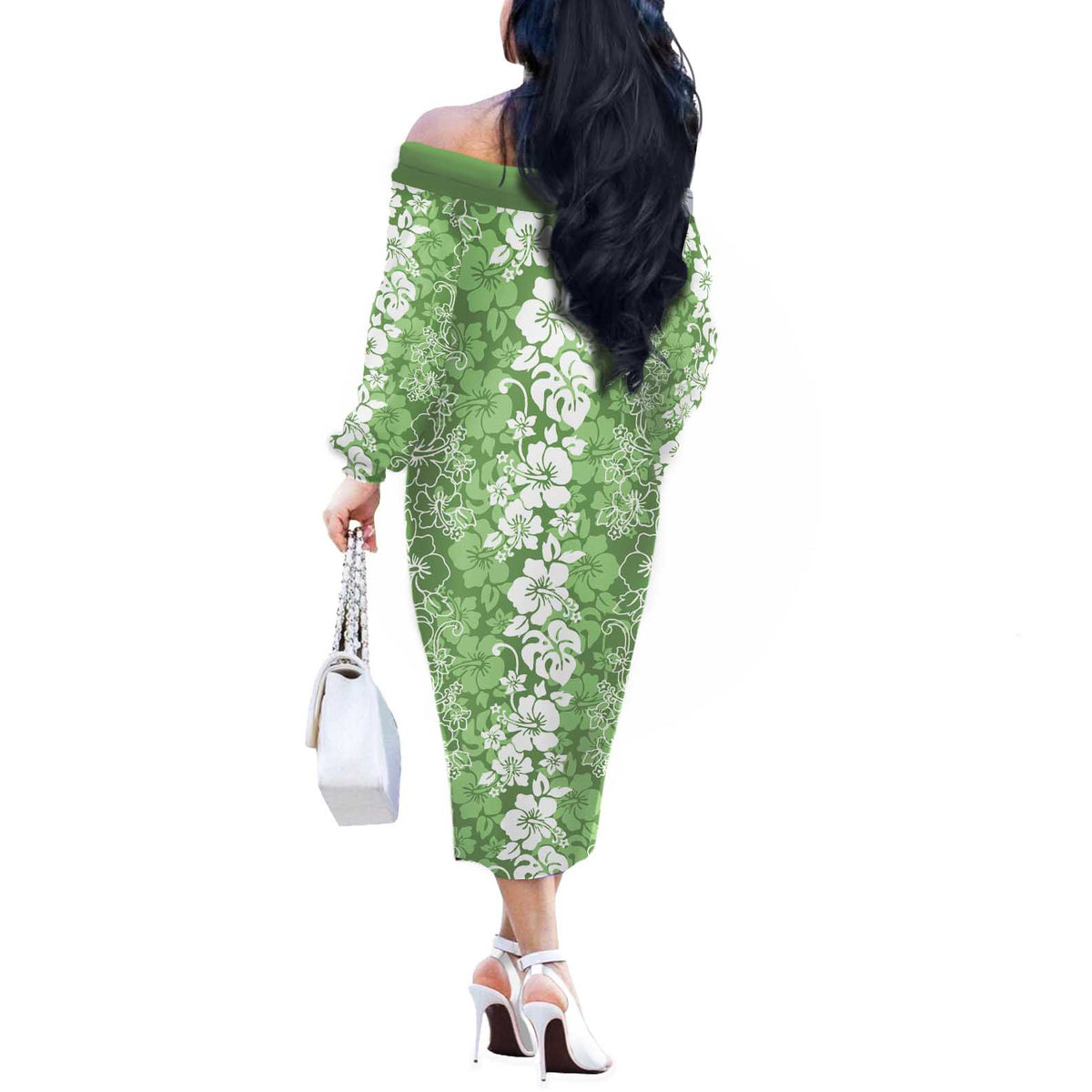 Hawaiian Lei Day Off The Shoulder Long Sleeve Dress Green Hibiscus Flowers Lei Art