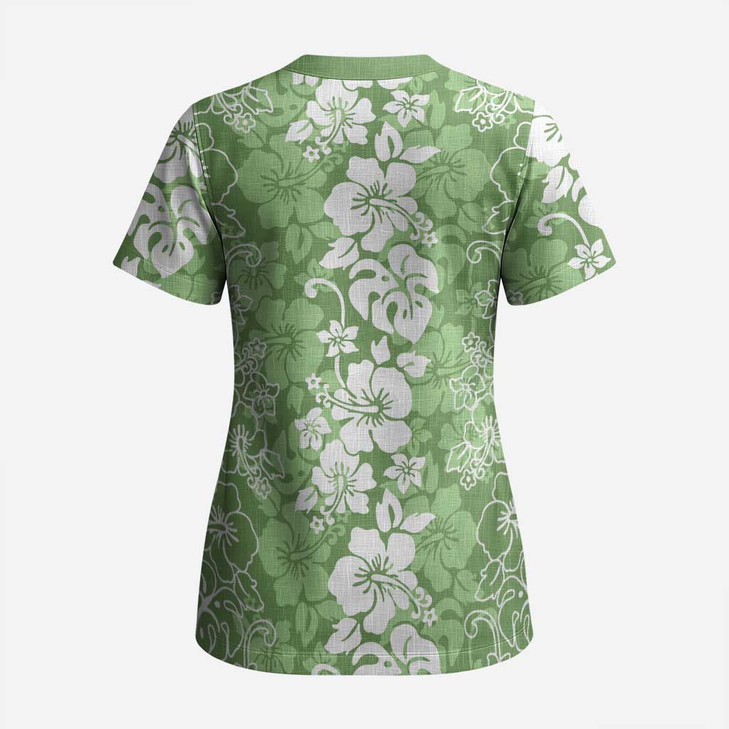 Hawaiian Lei Day Scrub Top Green Hibiscus Flowers Lei Art LT9 - Polynesian Pride