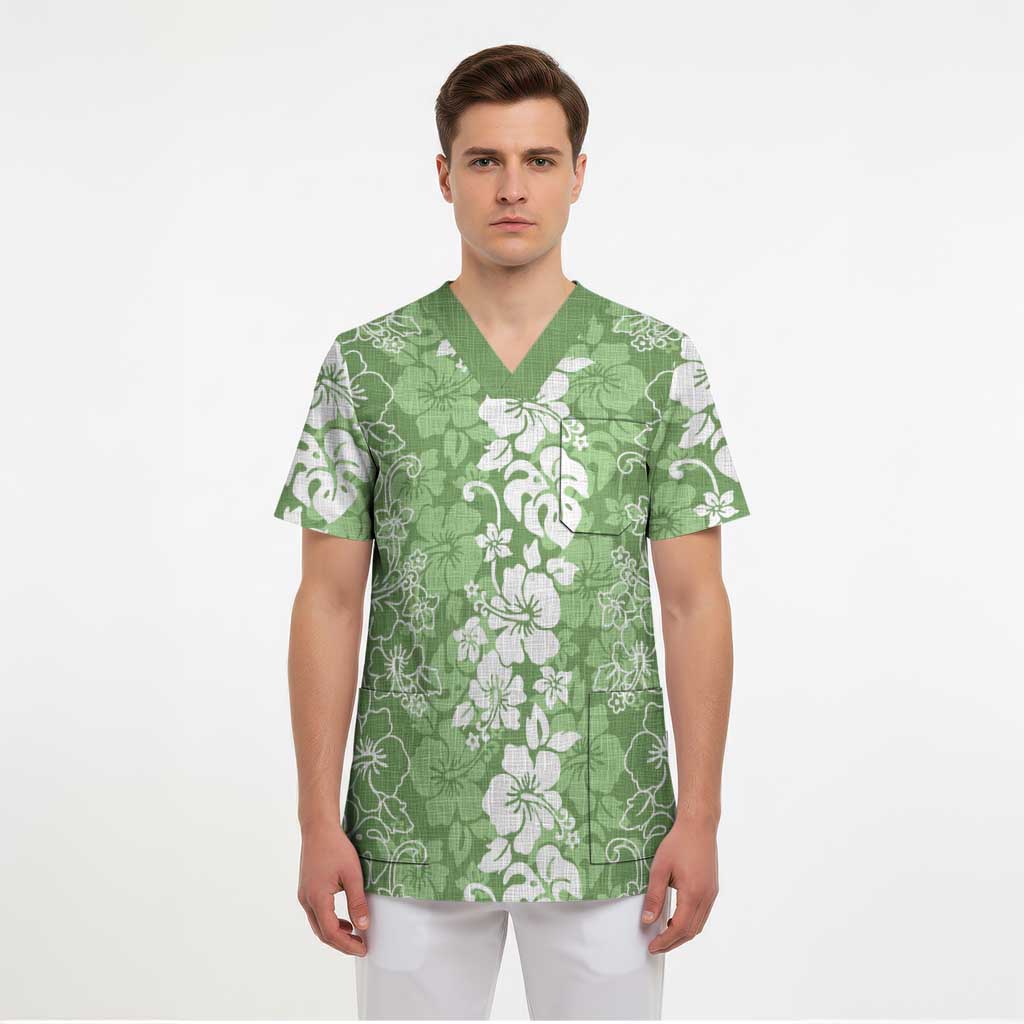 Hawaiian Lei Day Scrub Top Green Hibiscus Flowers Lei Art LT9 - Polynesian Pride