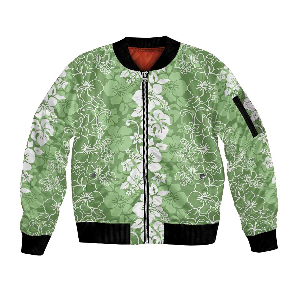Hawaiian Lei Day Sleeve Zip Bomber Jacket Green Hibiscus Flowers Lei Art LT9 Unisex Green - Polynesian Pride