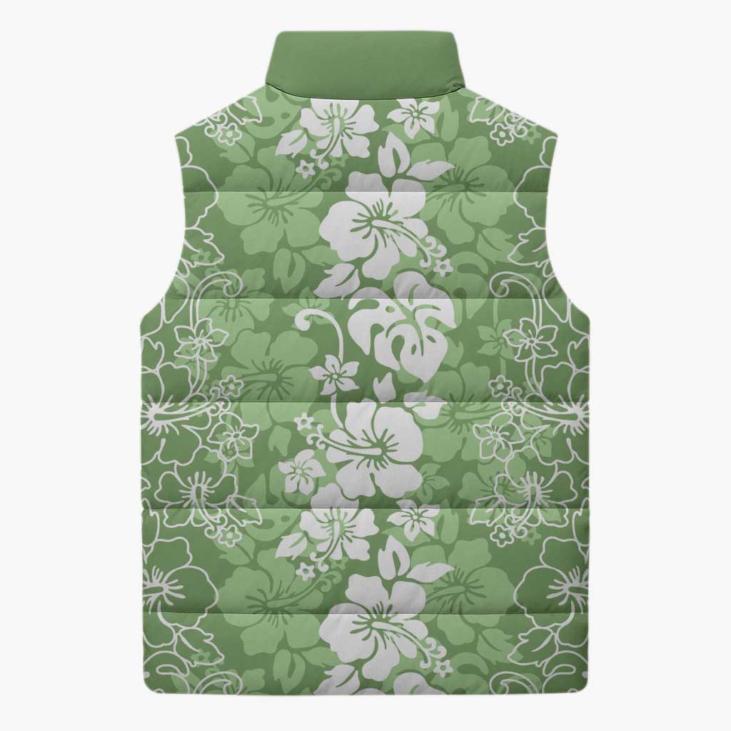 Hawaiian Lei Day Sleeveless Puffer Jacket Green Hibiscus Flowers Lei Art LT9 - Polynesian Pride