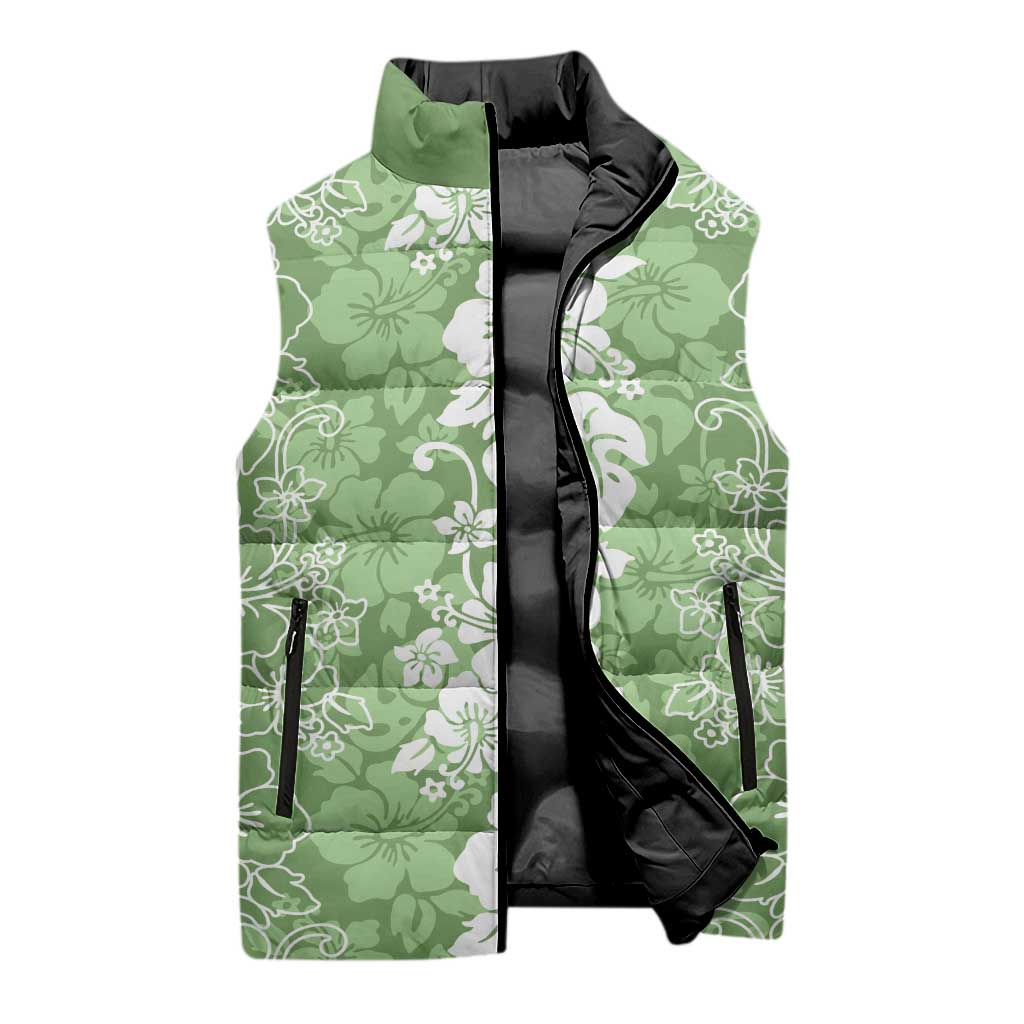 Hawaiian Lei Day Sleeveless Puffer Jacket Green Hibiscus Flowers Lei Art LT9 - Polynesian Pride