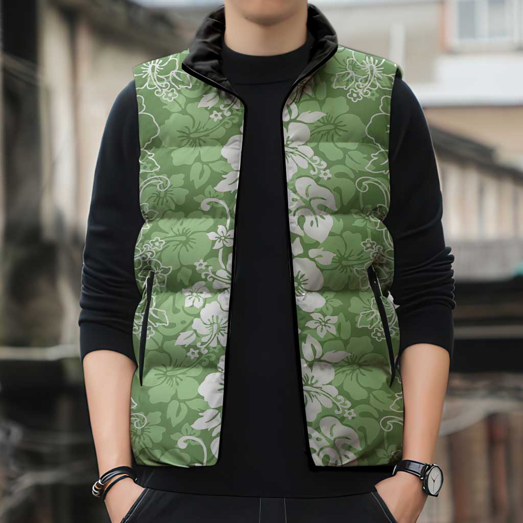 Hawaiian Lei Day Sleeveless Puffer Jacket Green Hibiscus Flowers Lei Art LT9 - Polynesian Pride