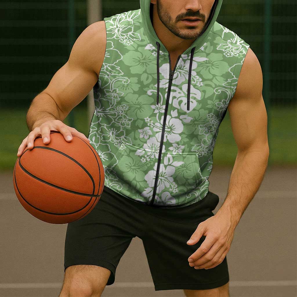 Hawaiian Lei Day Sleeveless Zip Hoodie Green Hibiscus Flowers Lei Art - Polynesian Pride