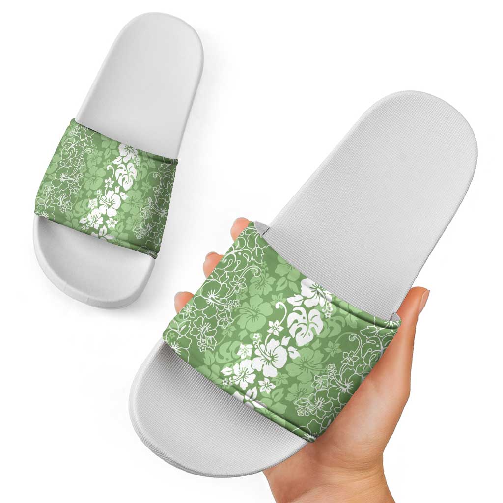 Hawaiian Lei Day Slide Sandals Green Hibiscus Flowers Lei Art - Polynesian Pride