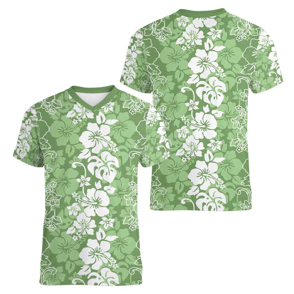 Hawaiian Lei Day Women V-Neck T-Shirt Green Hibiscus Flowers Lei Art