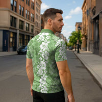 Hawaiian Lei Day Zipper Polo Shirt Green Hibiscus Flowers Lei Art - Polynesian Pride