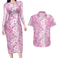 Hawaiian Lei Day Couples Matching Long Sleeve Bodycon Dress and Hawaiian Shirt Pink Hibiscus Flowers Lei Art LT9 Pink - Polynesian Pride