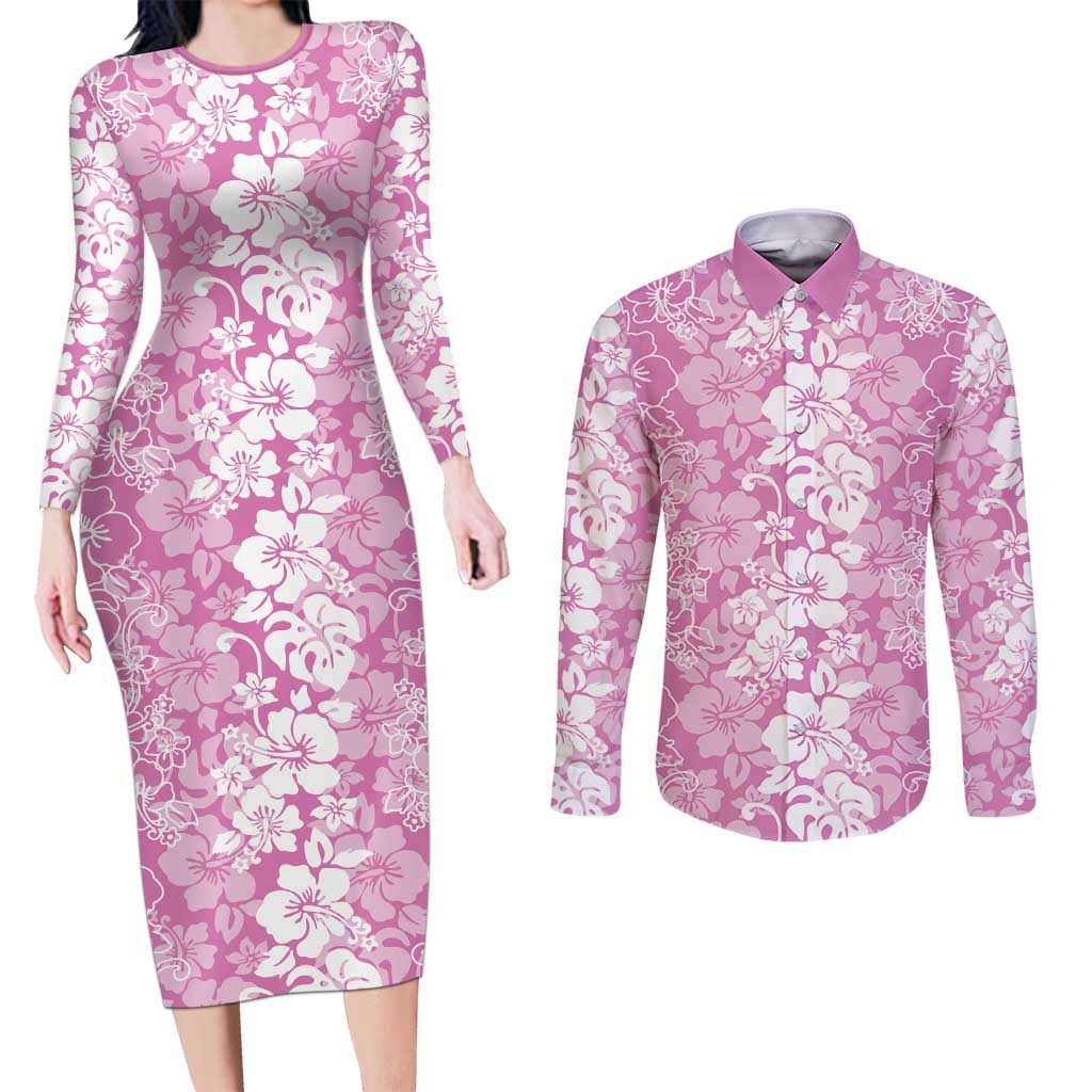 Hawaiian Lei Day Couples Matching Long Sleeve Bodycon Dress and Long Sleeve Button Shirt Pink Hibiscus Flowers Lei Art LT9 Pink - Polynesian Pride