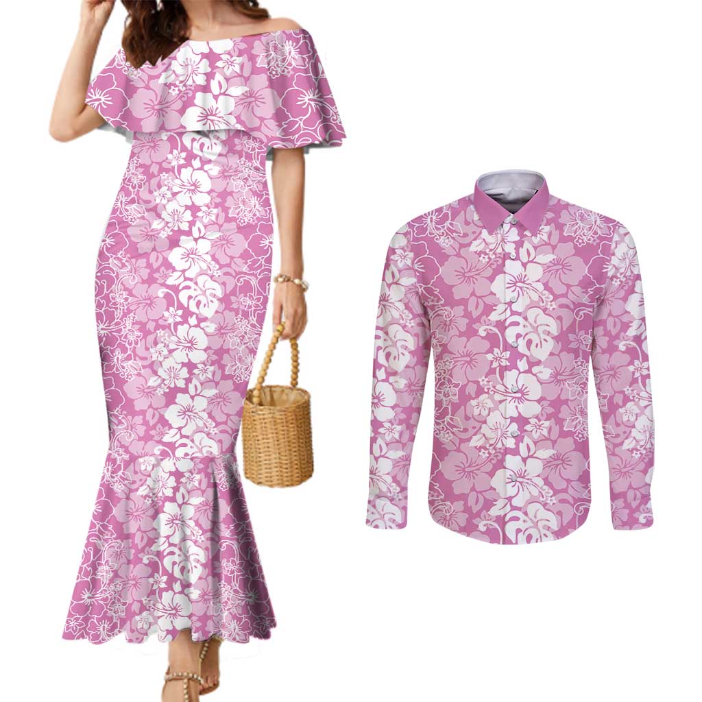 Hawaiian Lei Day Couples Matching Mermaid Dress and Long Sleeve Button Shirt Pink Hibiscus Flowers Lei Art