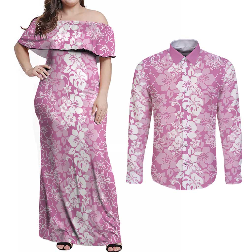 Hawaiian Lei Day Couples Matching Off Shoulder Maxi Dress and Long Sleeve Button Shirt Pink Hibiscus Flowers Lei Art LT9 Pink - Polynesian Pride