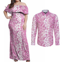 Hawaiian Lei Day Couples Matching Off Shoulder Maxi Dress and Long Sleeve Button Shirt Pink Hibiscus Flowers Lei Art LT9 Pink - Polynesian Pride