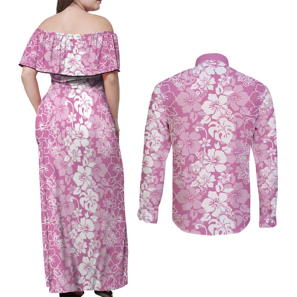 Hawaiian Lei Day Couples Matching Off Shoulder Maxi Dress and Long Sleeve Button Shirt Pink Hibiscus Flowers Lei Art LT9 - Polynesian Pride