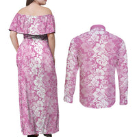 Hawaiian Lei Day Couples Matching Off Shoulder Maxi Dress and Long Sleeve Button Shirt Pink Hibiscus Flowers Lei Art LT9 - Polynesian Pride