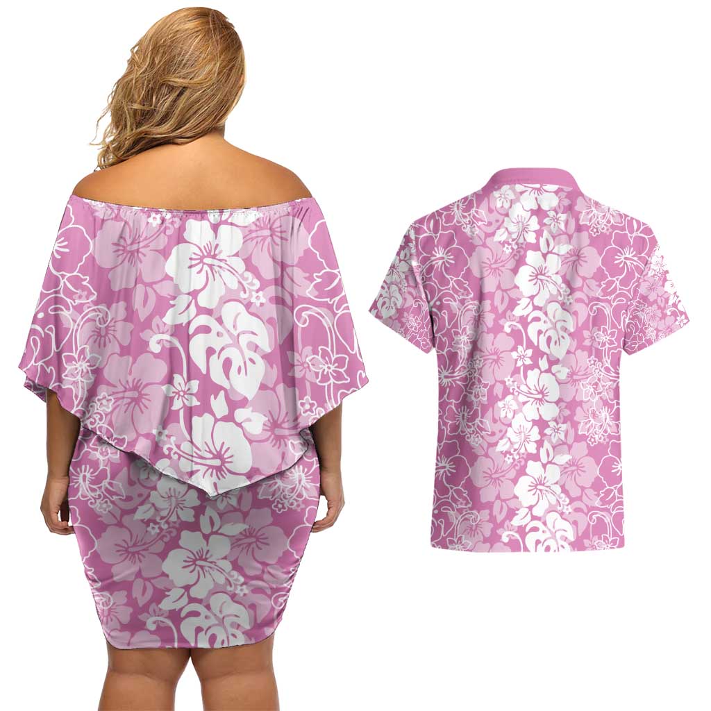 Hawaiian Lei Day Couples Matching Off Shoulder Short Dress and Hawaiian Shirt Pink Hibiscus Flowers Lei Art LT9 - Polynesian Pride