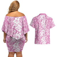 Hawaiian Lei Day Couples Matching Off Shoulder Short Dress and Hawaiian Shirt Pink Hibiscus Flowers Lei Art LT9 - Polynesian Pride