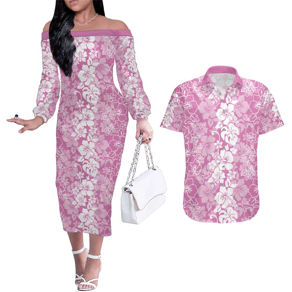 Hawaiian Lei Day Couples Matching Off The Shoulder Long Sleeve Dress and Hawaiian Shirt Pink Hibiscus Flowers Lei Art