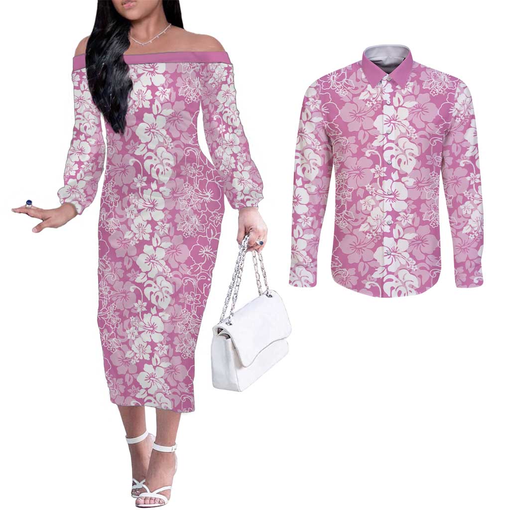 Hawaiian Lei Day Couples Matching Off The Shoulder Long Sleeve Dress and Long Sleeve Button Shirt Pink Hibiscus Flowers Lei Art