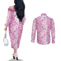 Hawaiian Lei Day Couples Matching Off The Shoulder Long Sleeve Dress and Long Sleeve Button Shirt Pink Hibiscus Flowers Lei Art LT9 - Polynesian Pride